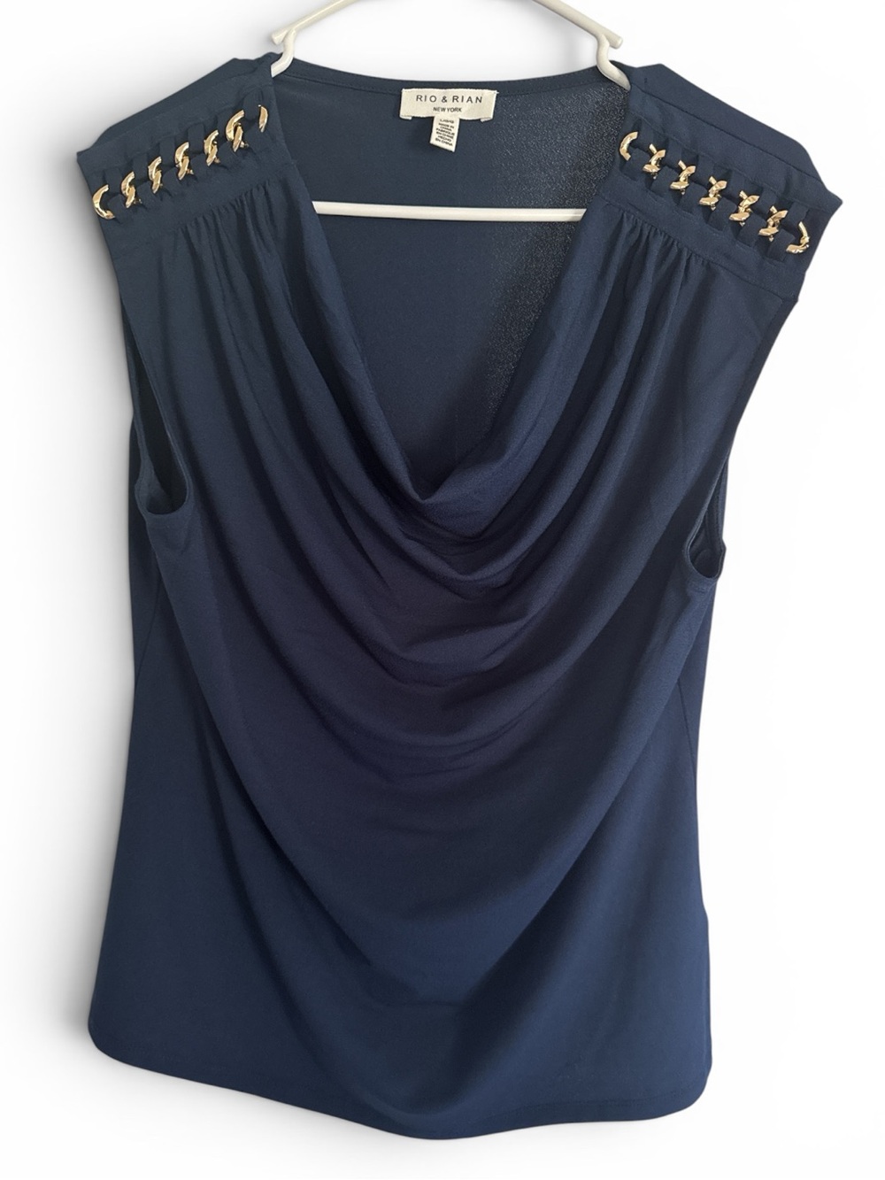 NWT Navy Draped Sleeveless Top with Gold Accent